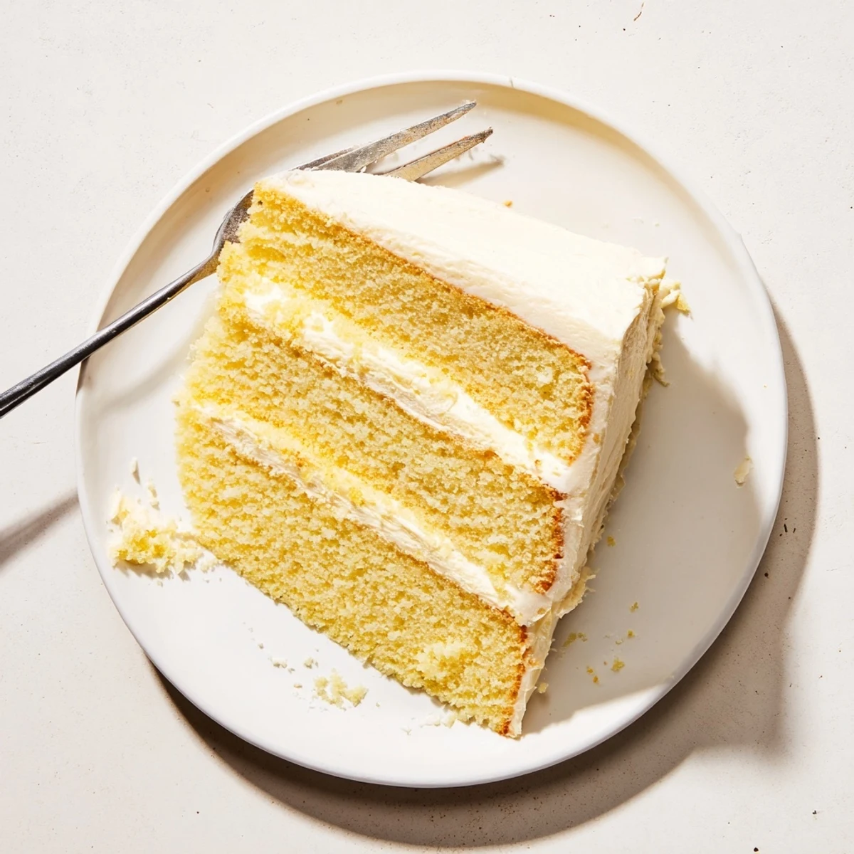 Close up of Perfect Vanilla Cake layers being frosted with buttercream, highlighting its moist crumb and sweet vanilla aroma.