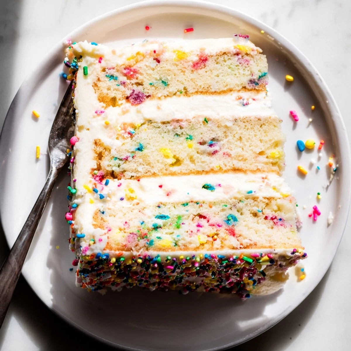 A slice of the playful Milk Bar Birthday Cake is topped with rainbow sprinkles for a celebration.