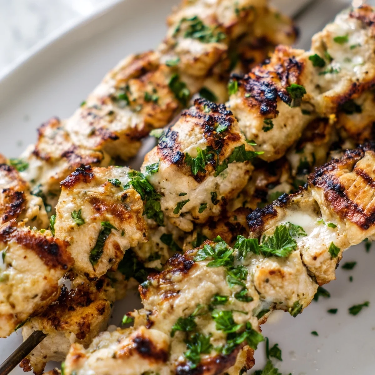 Golden-brown Ranch Garlic Parmesan Chicken Skewers sizzle on the grill with melted cheese and fresh parsley.  