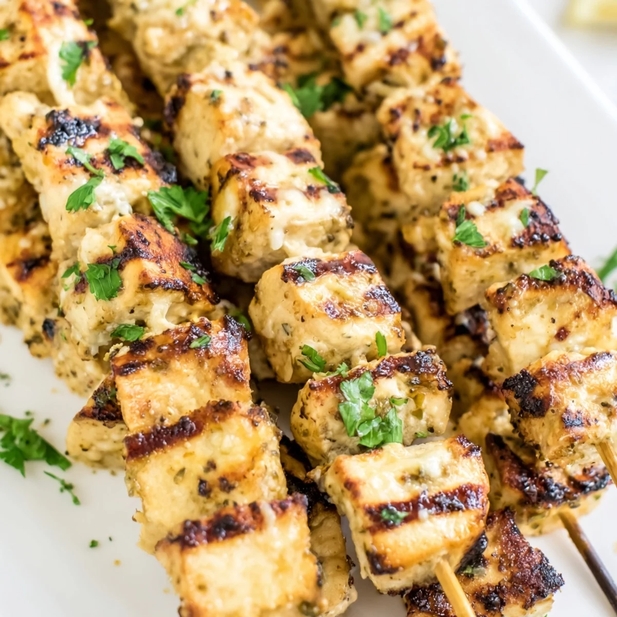 Ranch Garlic Parmesan Chicken Skewers are served hot over rice with a side salad and lemon wedge.  