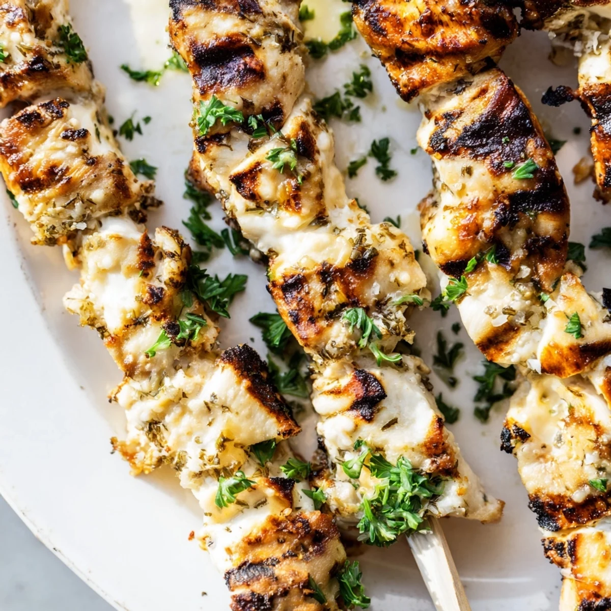 Close-up of Ranch Garlic Parmesan Chicken Skewers showcasing juicy grilled chicken cubes with aromatic garlic and ranch marinade.