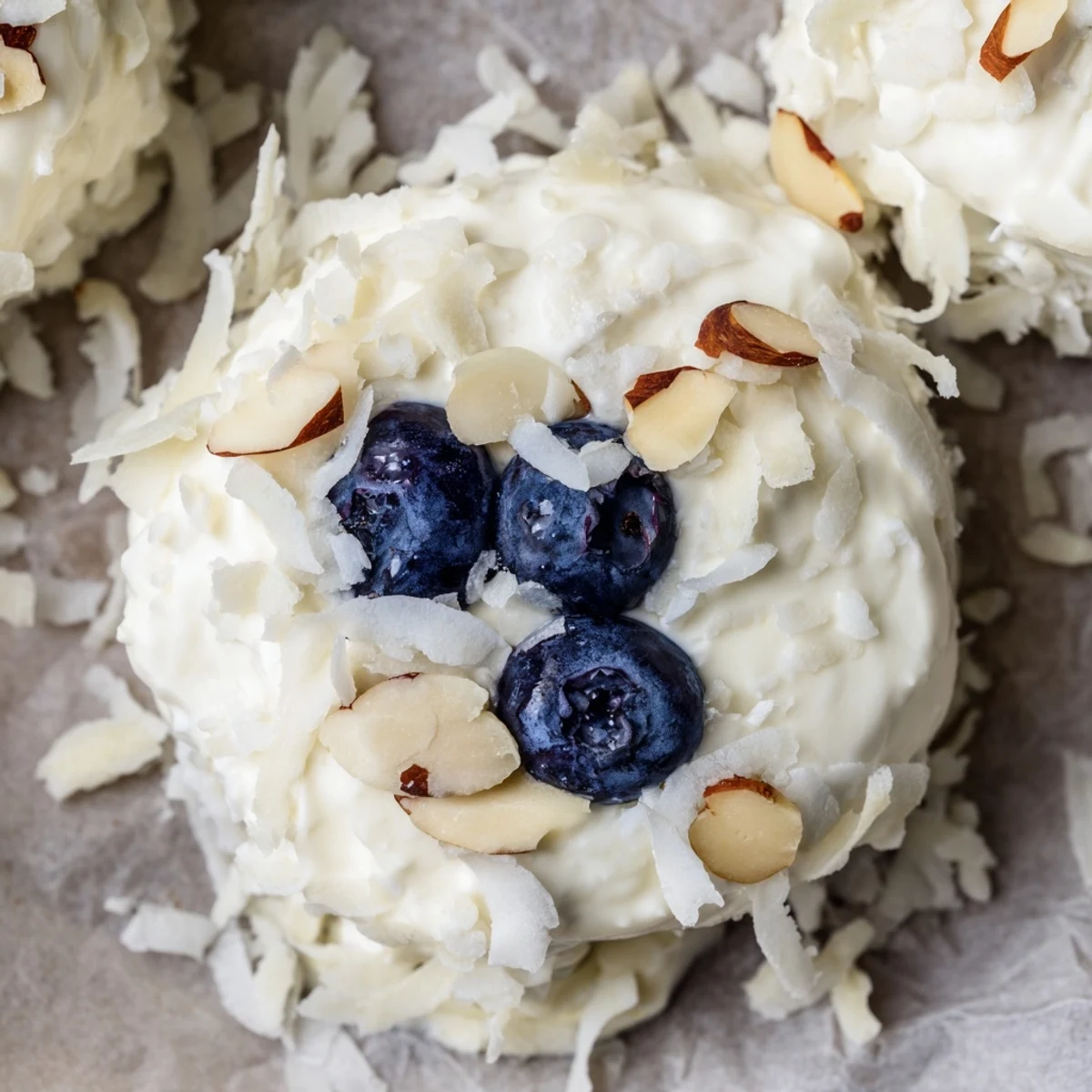 These Blueberry Greek Yogurt Bites feature creamy yogurt dollops topped with fresh berries on parchment paper.