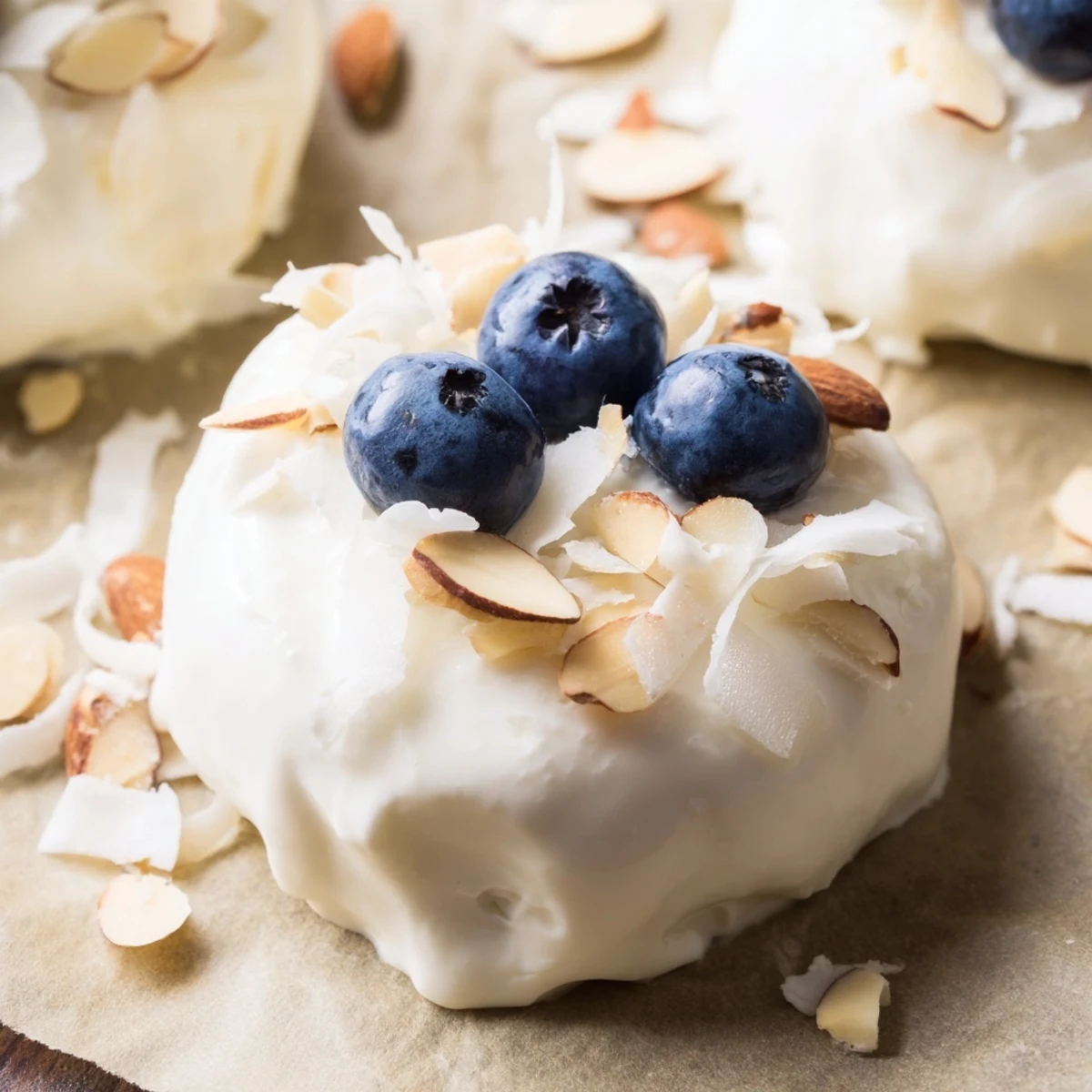A close-up of frozen Blueberry Greek Yogurt Bites showing blueberries pressed into smooth, chilled yogurt rounds.
