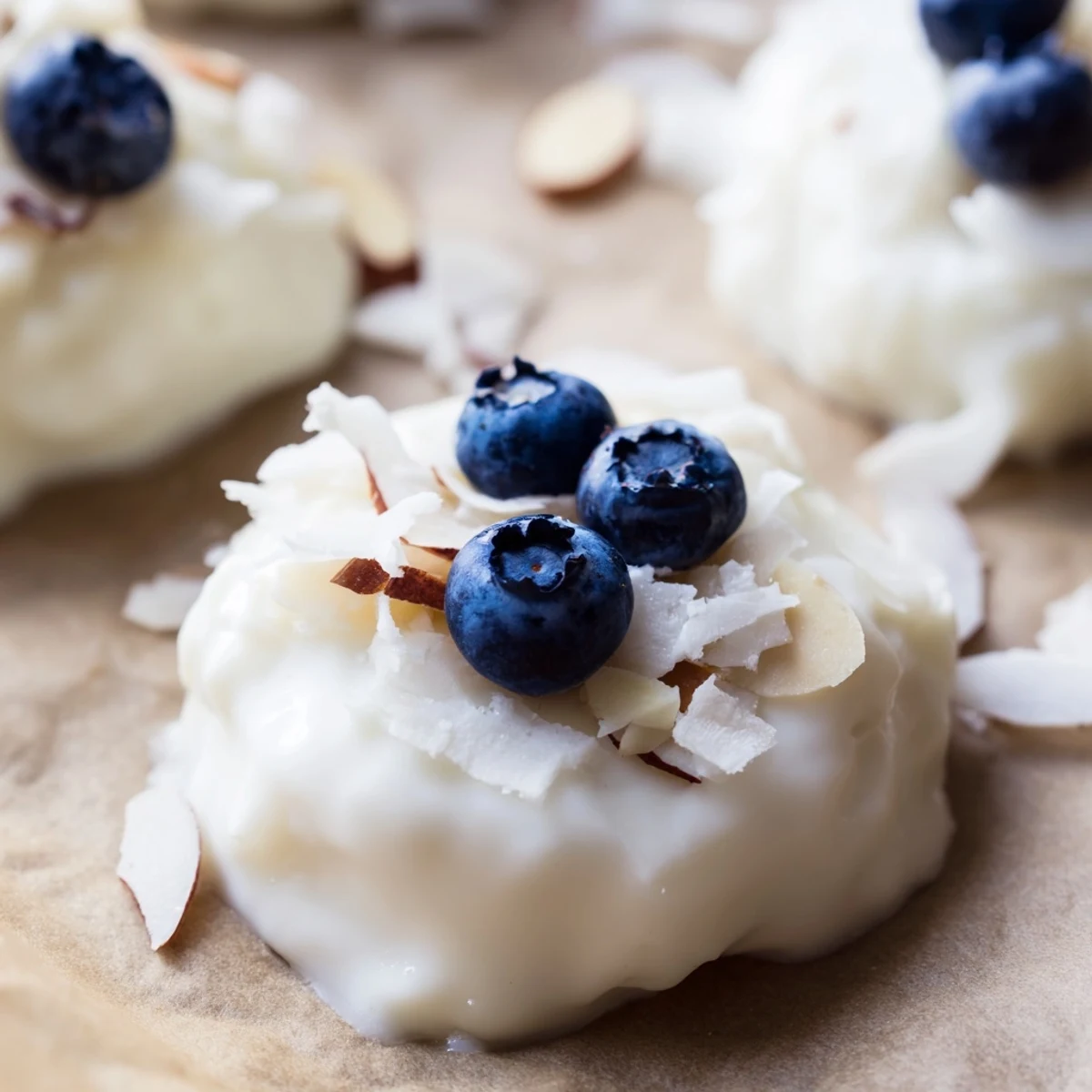 Individually frozen Blueberry Greek Yogurt Bites arranged on a tray with optional shredded coconut garnish.