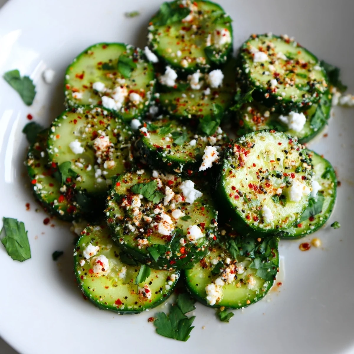 Freshly sliced cucumbers tossed with lime juice and chili powder in a white bowl for Mexican Style Cucumbers.