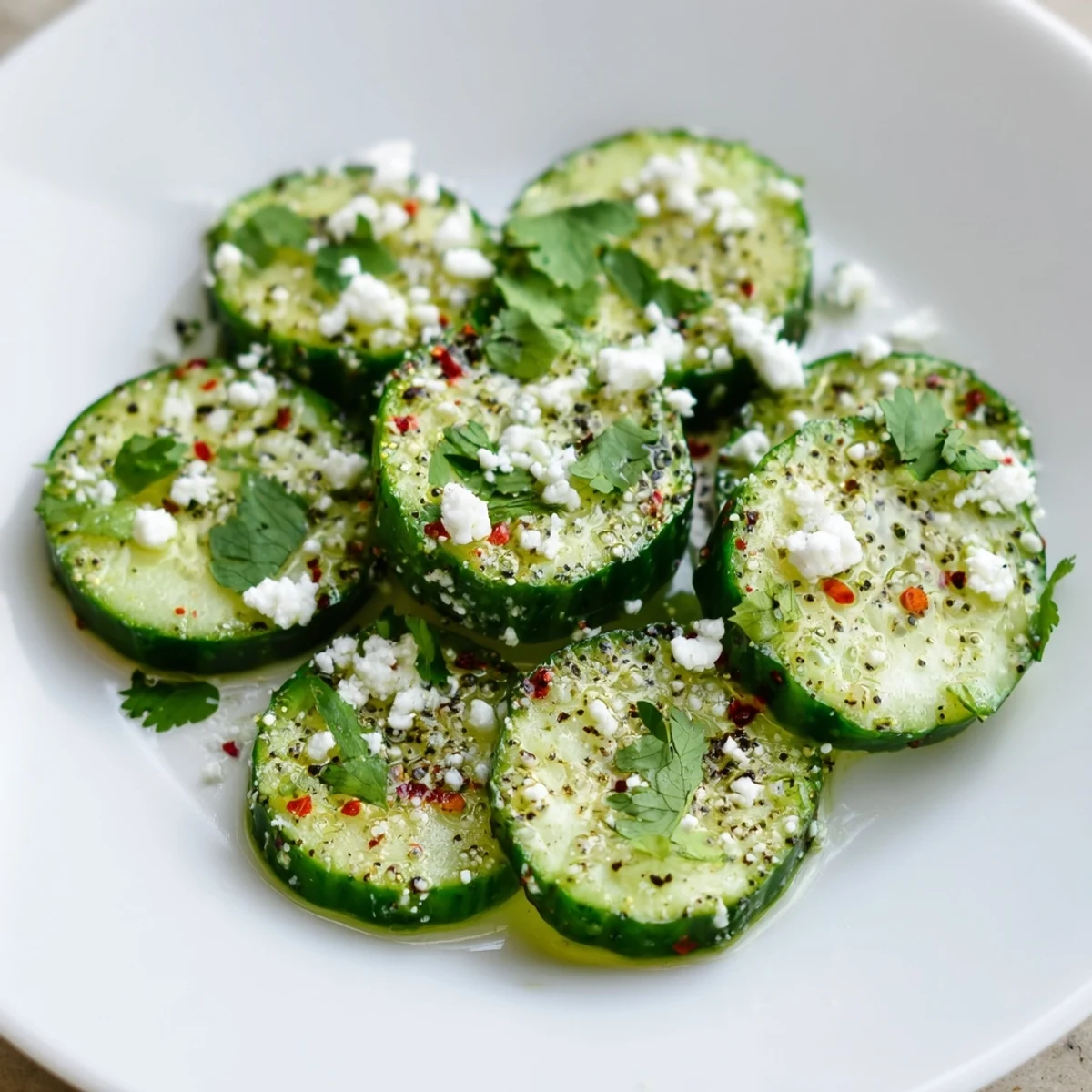 Close-up of chilled Mexican Style Cucumbers rounds glistening with lime juice and a sprinkle of chili powder.