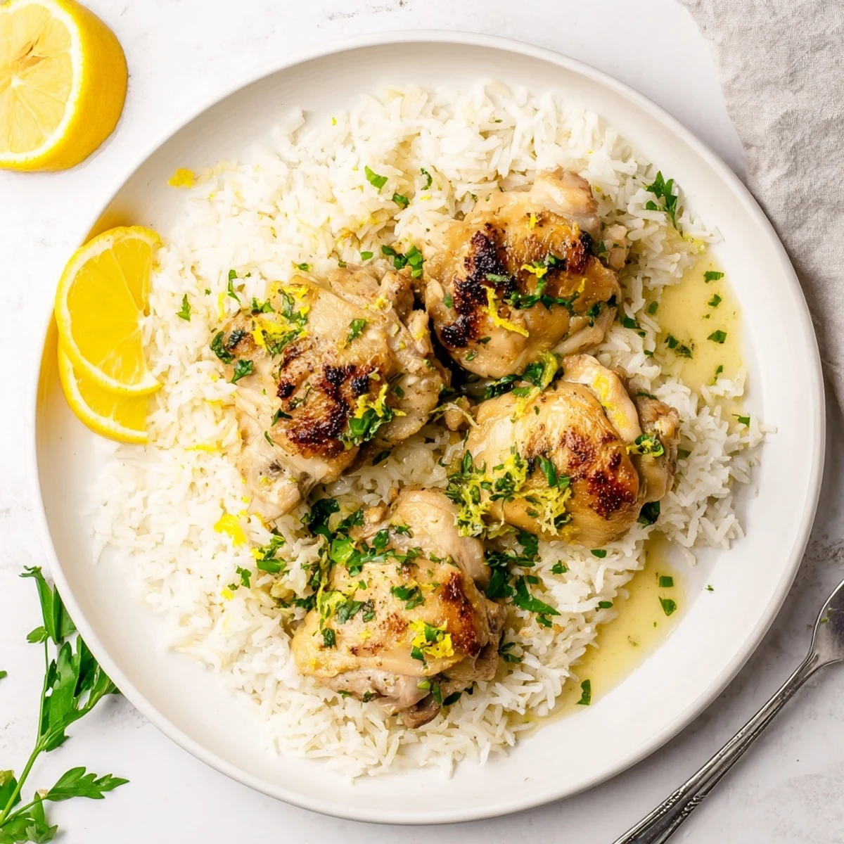 Golden-brown Slow Cooker Lemon Herb Chicken with Fluffy Rice garnished with fresh parsley and lemon zest.