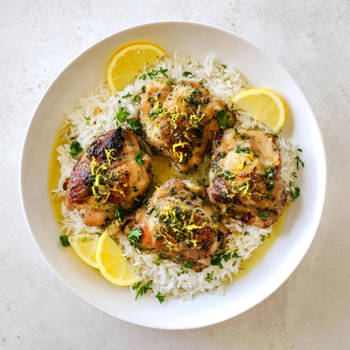 Juicy Slow Cooker Lemon Herb Chicken over fluffy rice with steaming savory juices and lemon.