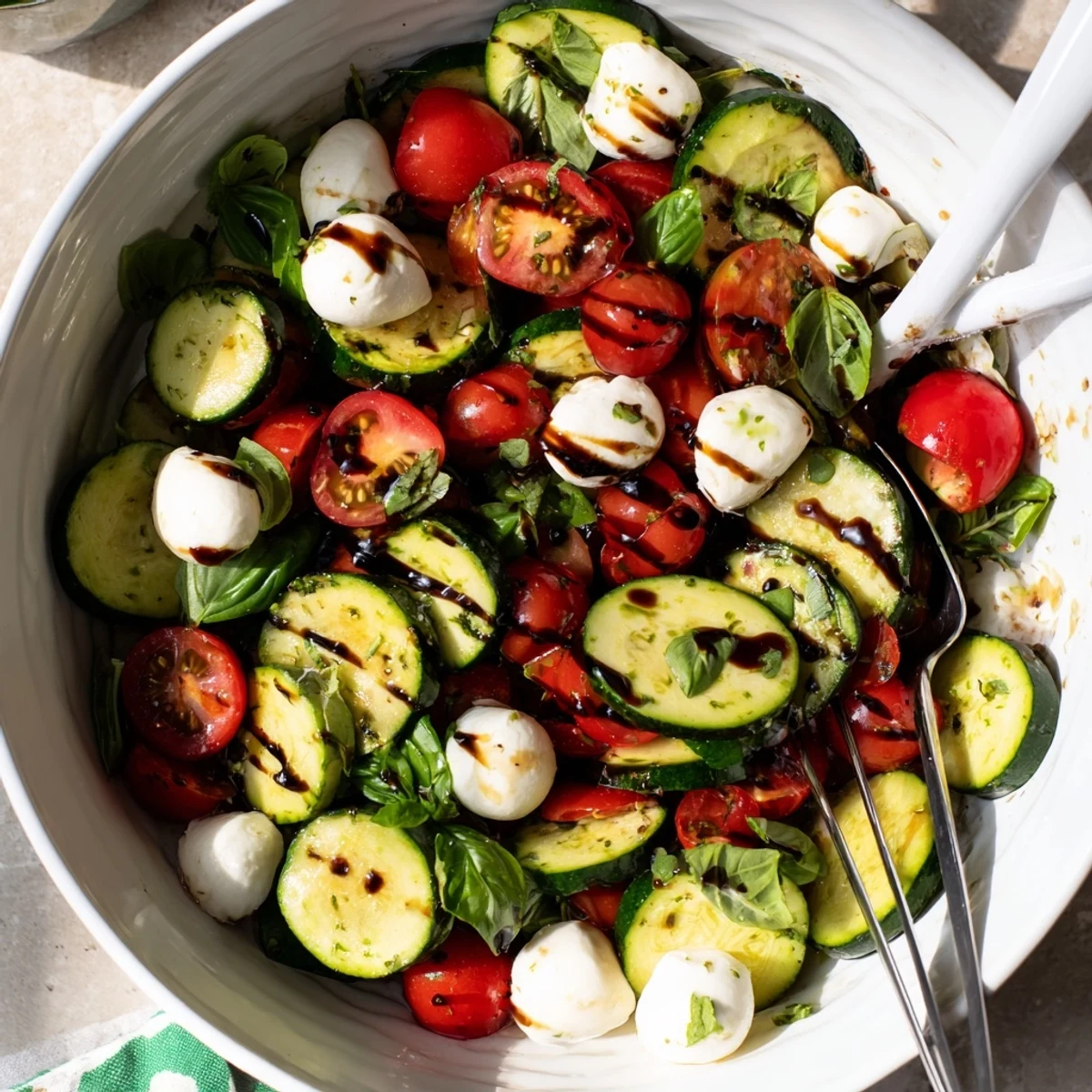 Juicy Cucumber Caprese Salad displayed in a chilled bowl, ready for a summer vegetarian dinner side.
