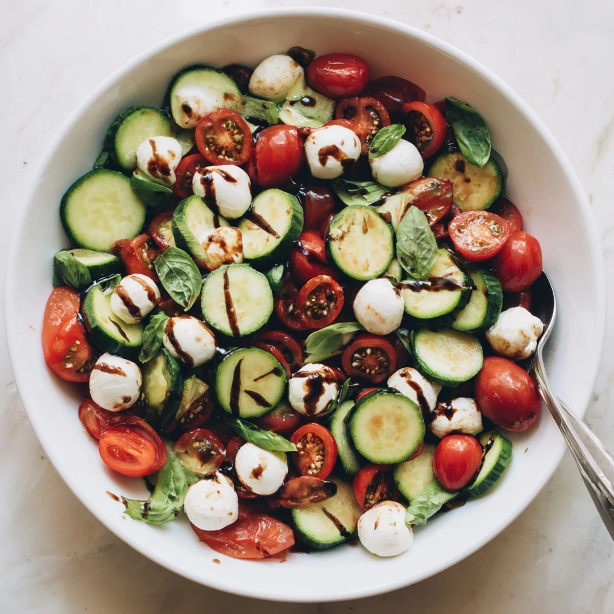 Juicy Cucumber Caprese Salad arranged with halved tomatoes, mozzarella, and basil in a tangy balsamic drizzle.