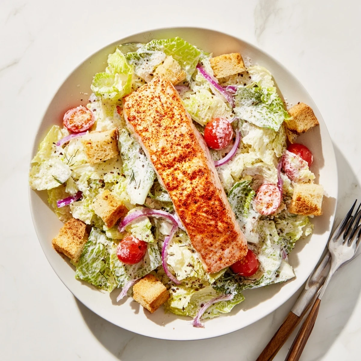 Freshly tossed Caesar salad featuring golden grilled salmon, crunchy croutons, juicy tomatoes, and shaved Parmesan.