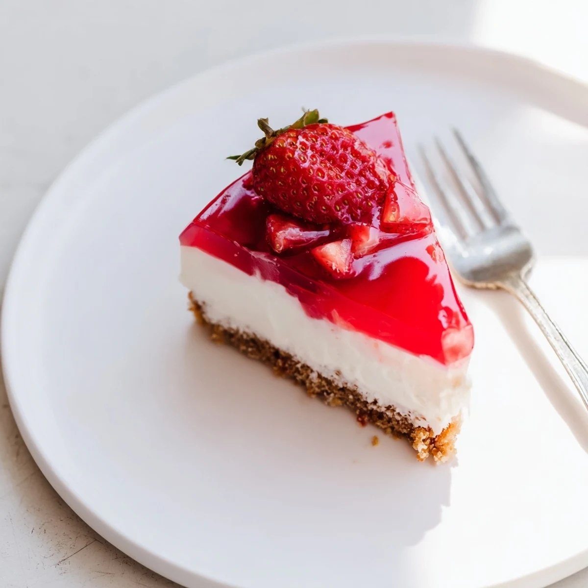 Creamy No Bake Greek Yogurt Jello Cheesecake with a tangy fruit topping on a graham cracker crust.