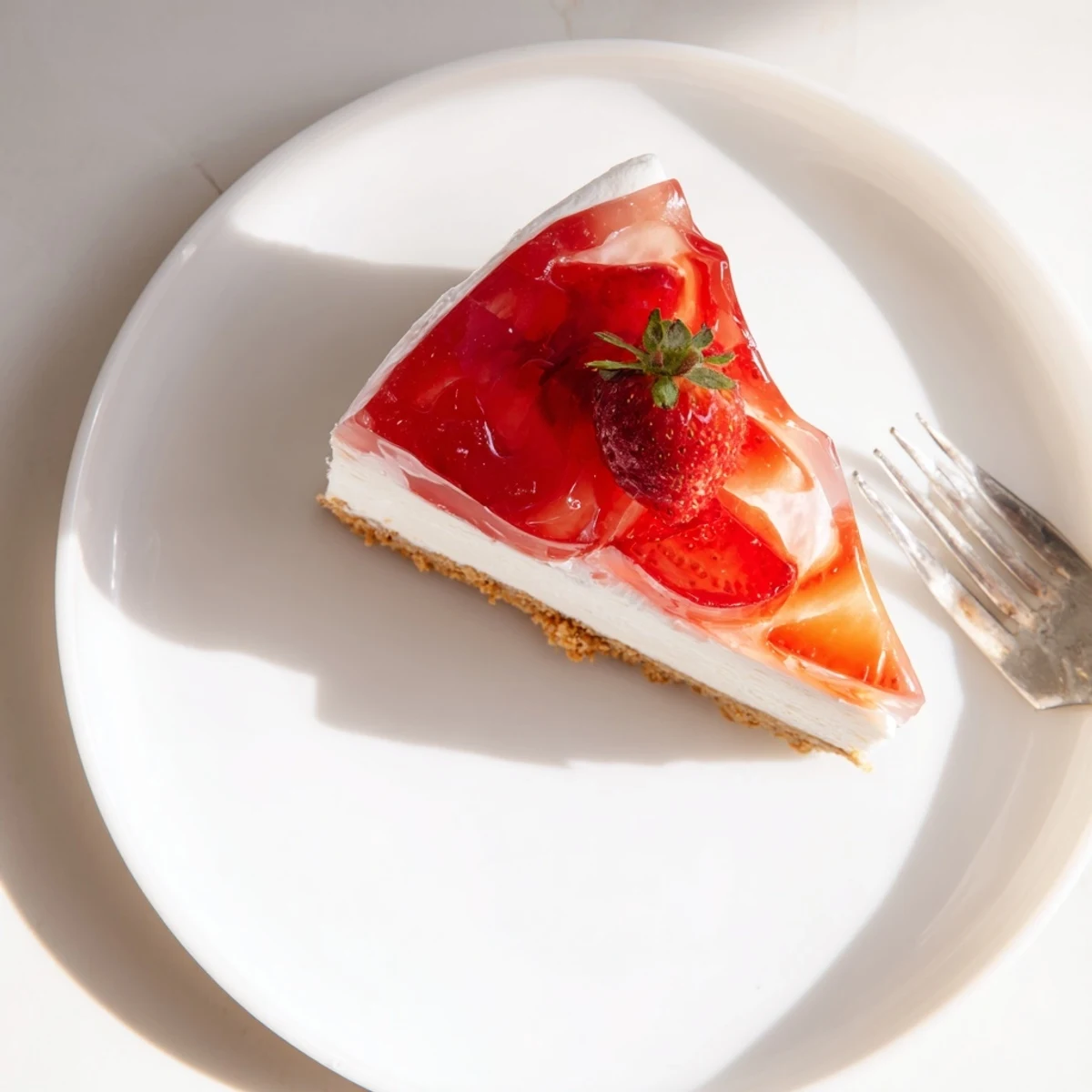 No Bake Greek Yogurt Jello Cheesecake slice with fresh berries served chilled on a dessert plate.