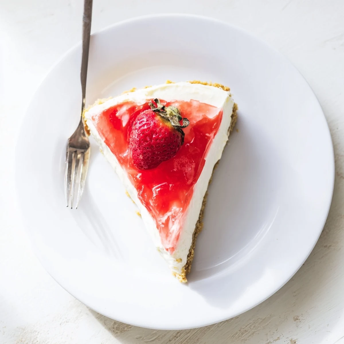 Glossy layered No Bake Greek Yogurt Jello Cheesecake garnished with fruit, ready to serve at a summer party.