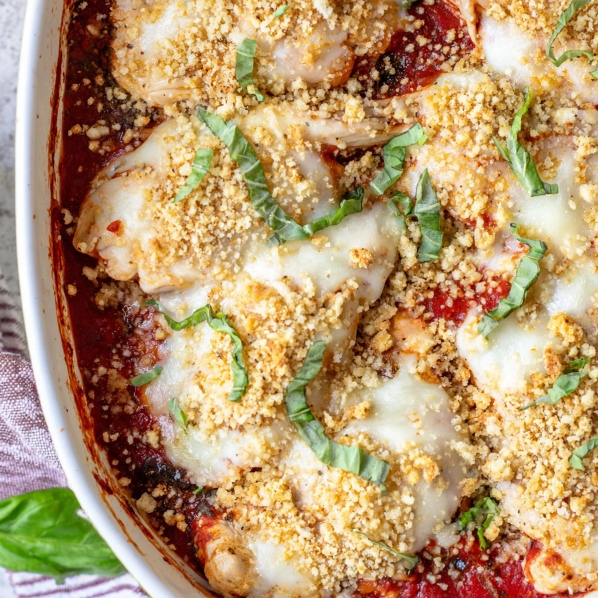 Golden, bubbling Keto Chicken Parmesan Casserole topped with melted mozzarella and fresh basil garnish.