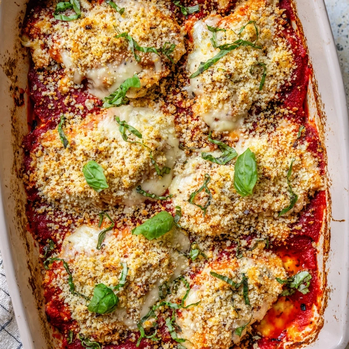 Freshly baked Keto Chicken Parmesan Casserole served with a green salad and roasted vegetables.