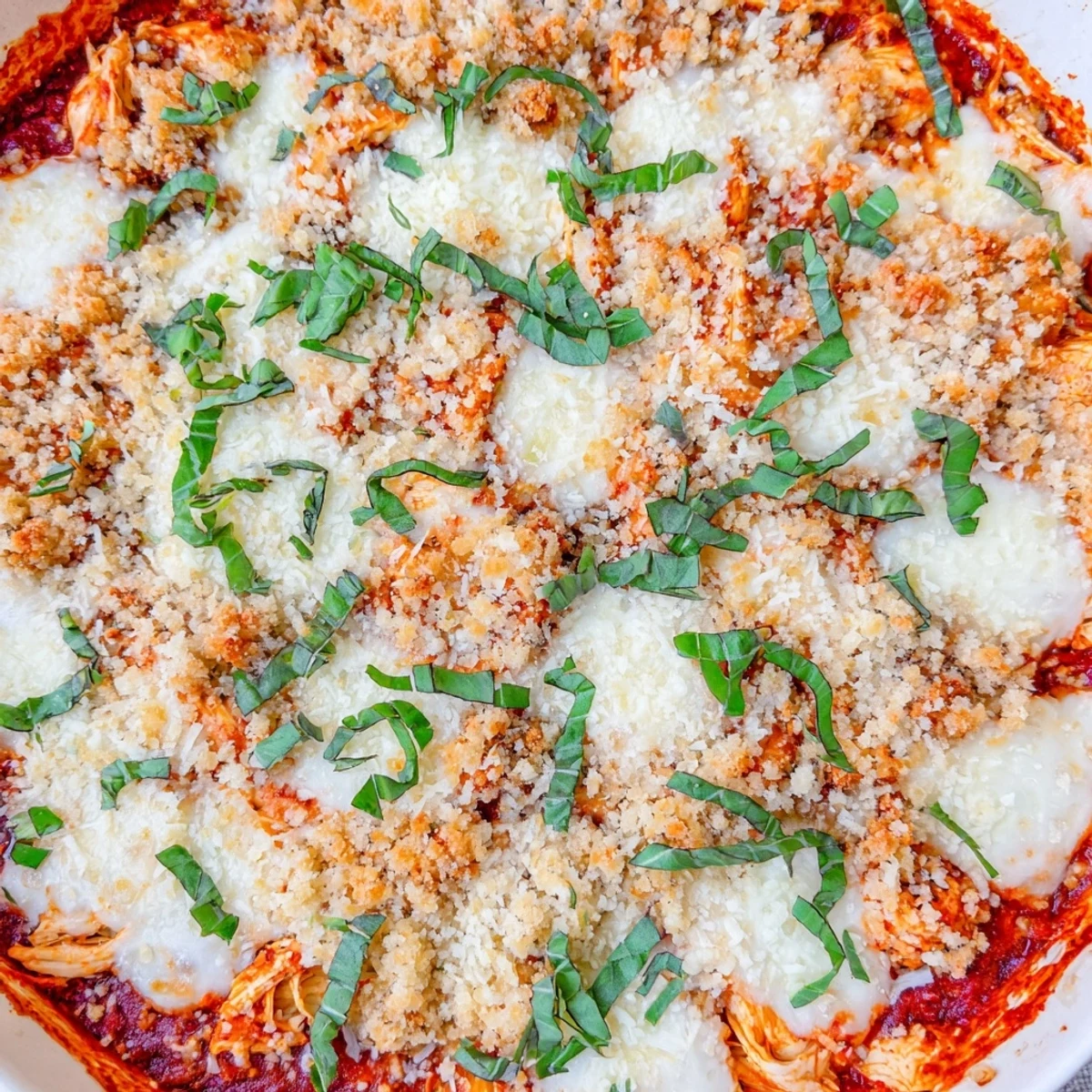 Spoon serving Keto Chicken Parmesan Casserole revealing layers of juicy chicken and rich marinara.