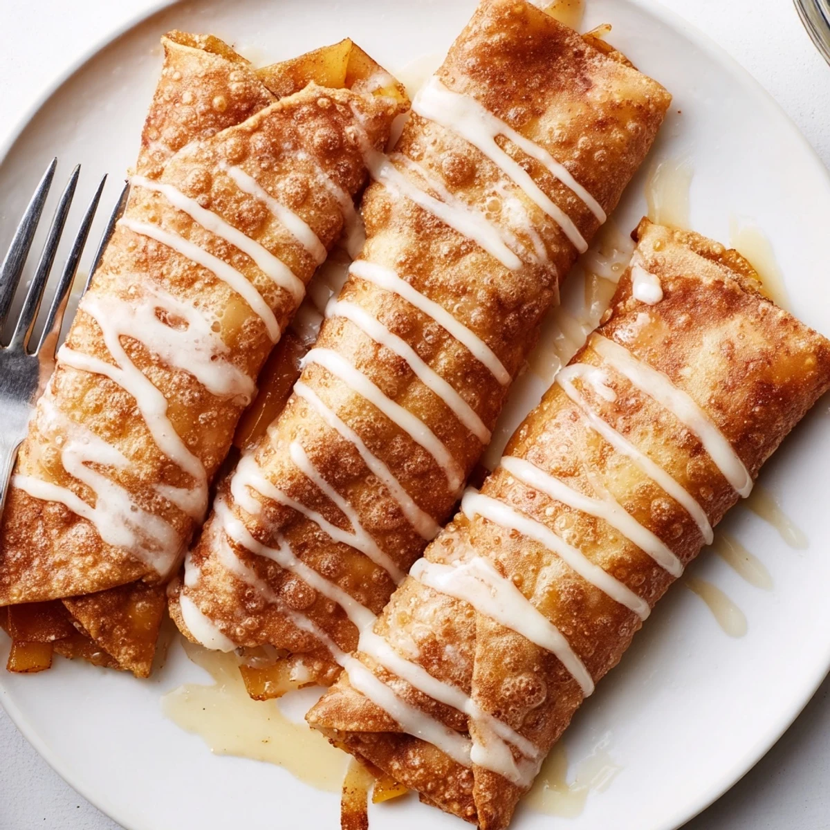 Crisp, fried Peach Cobbler Egg Rolls are stacked high, drizzled with sweet glaze and ready to serve.  