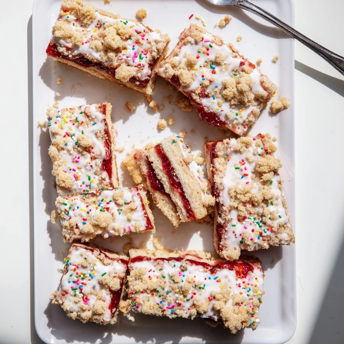 Golden poptart cookie bars with strawberry jam layer topped with white glaze and colorful sprinkles