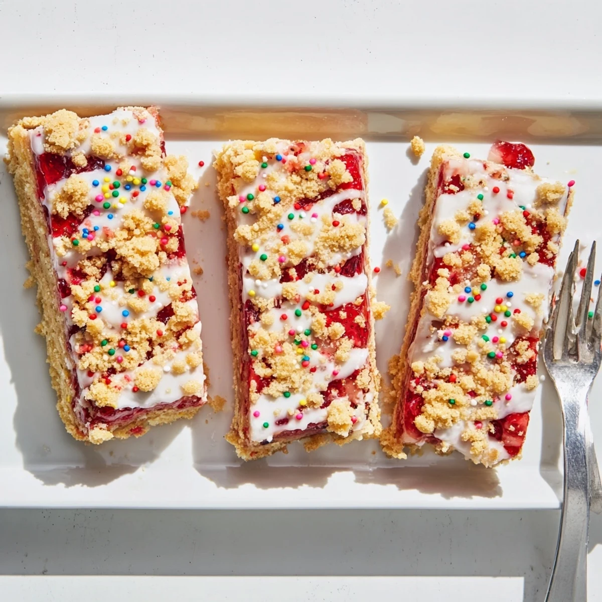 Soft sugar cookie base swirled with fruit jam finished with sweet icing and festive sprinkles