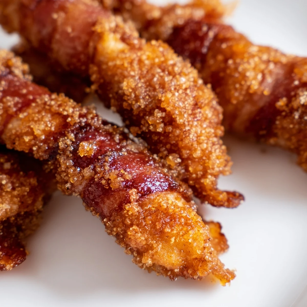 Golden brown bacon wrapped chicken tenders coated in caramelized brown sugar glaze