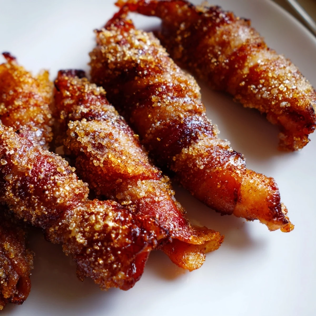 Plate of sweet and savory bacon brown sugar chicken tenders with dipping sauce