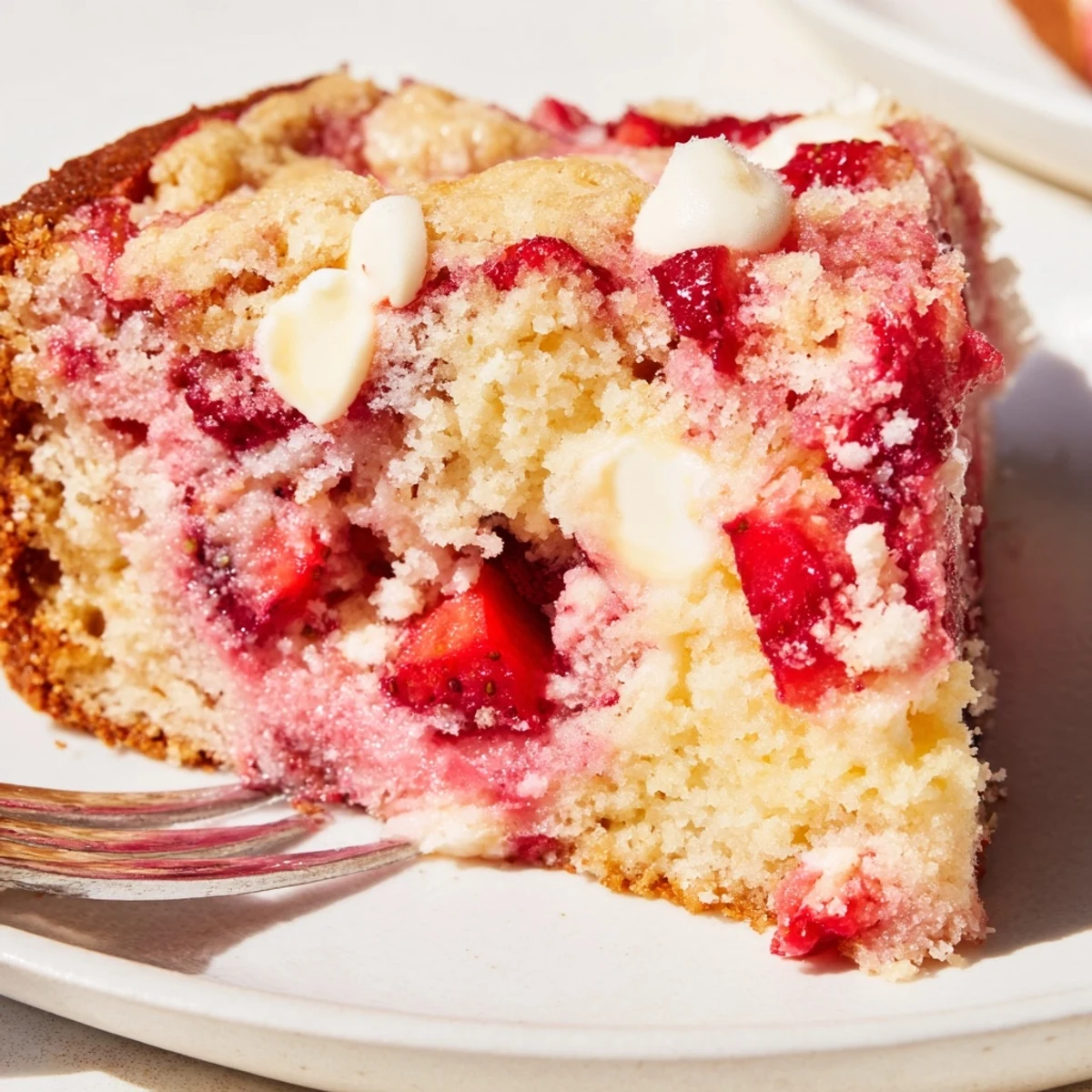 Warm Gooey Strawberry Earthquake Cake dusted with powdered sugar and topped with fresh strawberry pieces