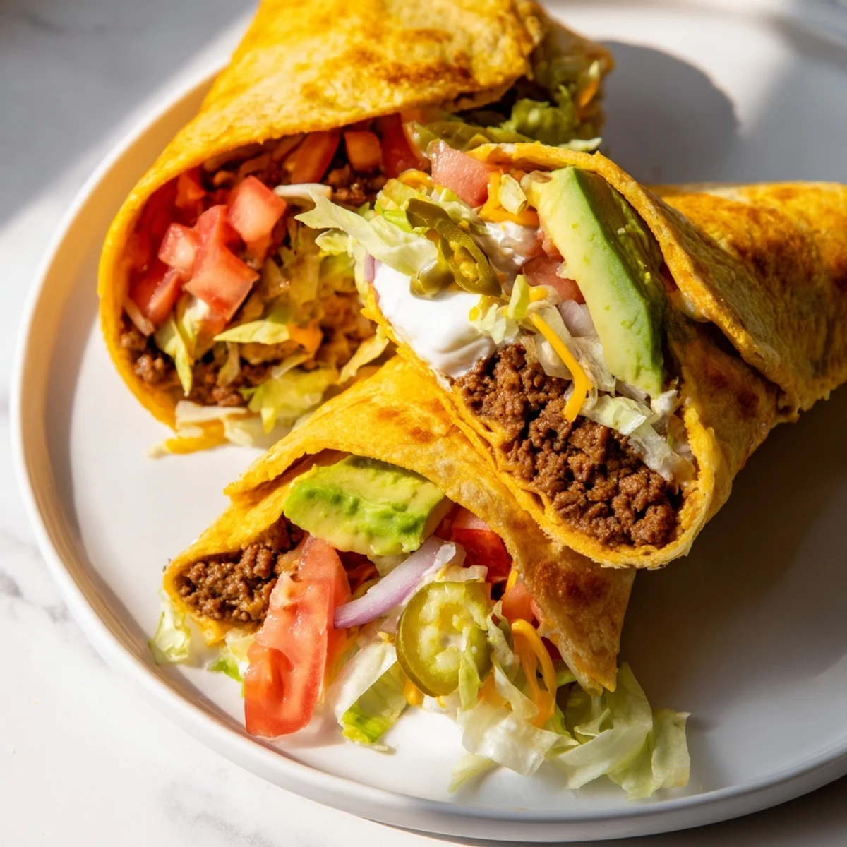 Golden keto crunchwrap sliced open revealing seasoned beef, melted cheddar, fresh lettuce, and creamy avocado layers