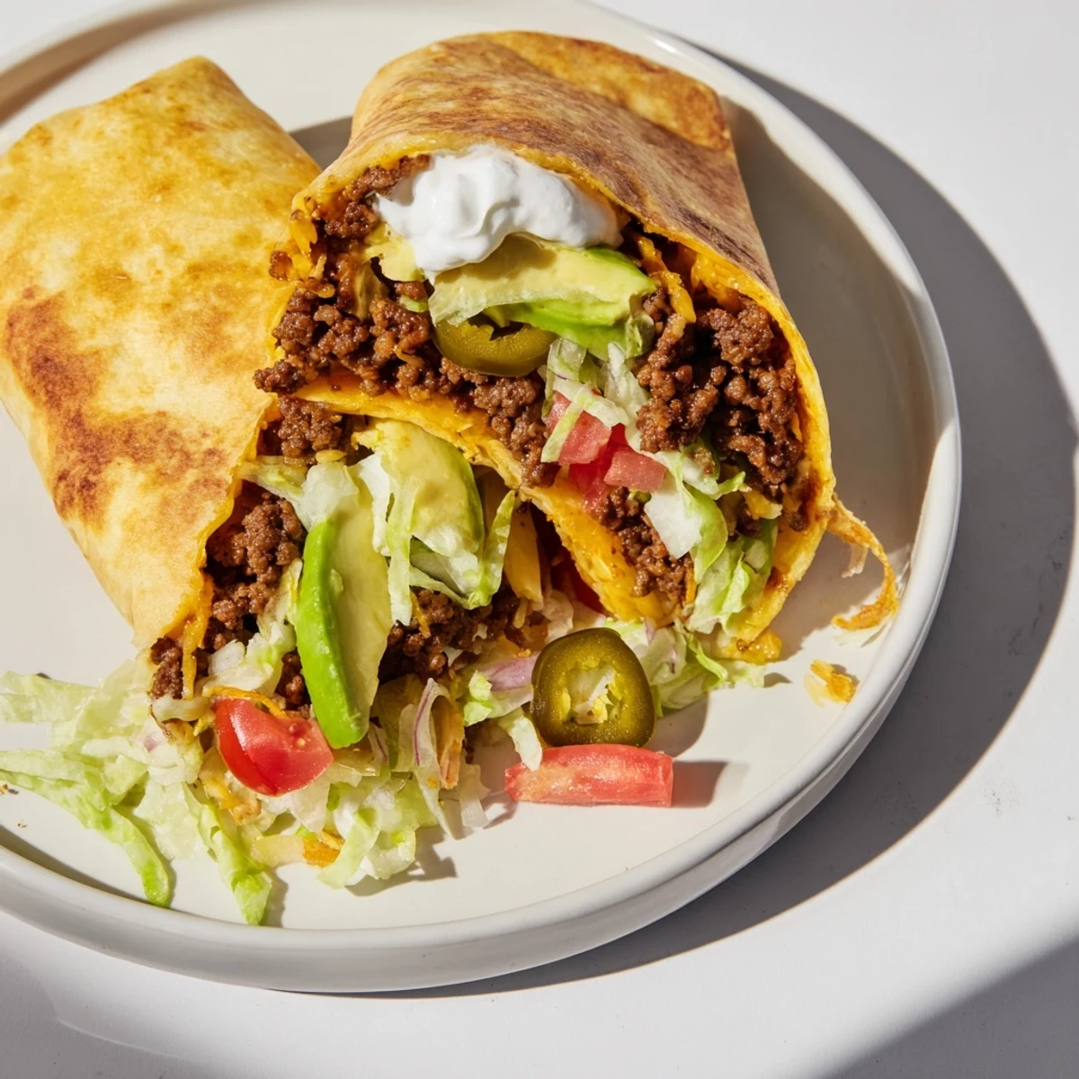 Crispy low-carb tortilla folded around taco-spiced ground beef with tomatoes, sour cream, and sliced jalapeños