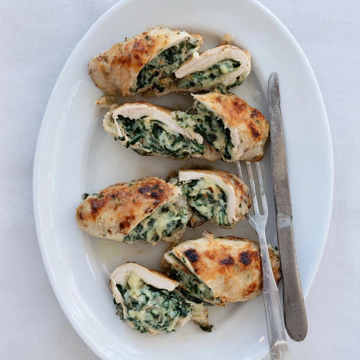 Stuffed chicken breasts oozing ricotta spinach mixture with crispy parmesan crust on top