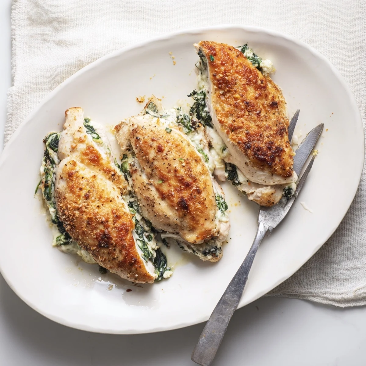 Golden baked spinach ricotta chicken breasts sliced open revealing creamy green and white filling