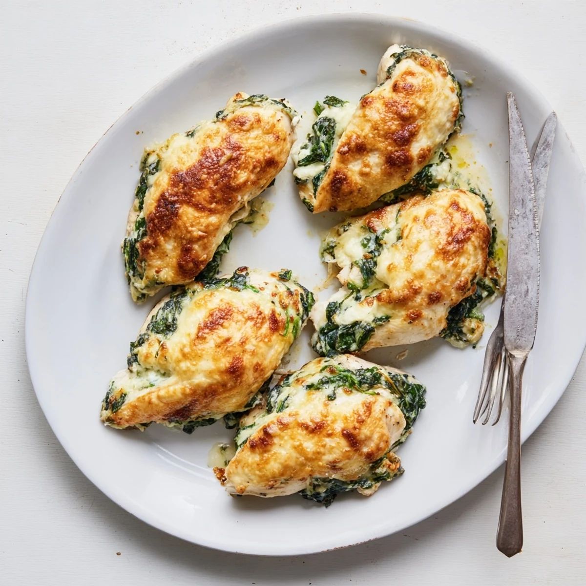Italian-style stuffed chicken plated with golden parmesan topping and savory spinach cheese center