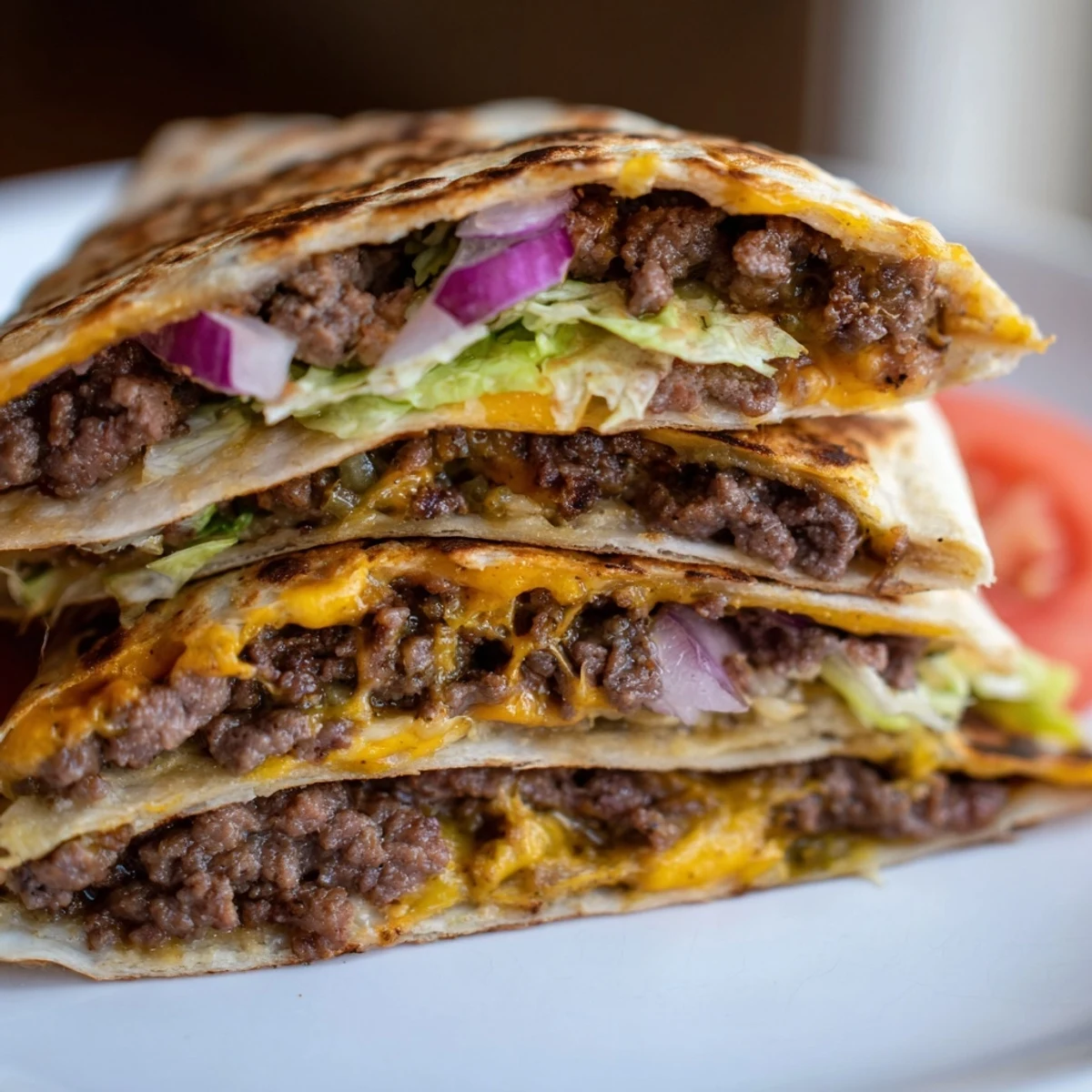 Smashburger quesadilla filled with smashed ground beef patties and gooey cheese in a toasted flour tortilla