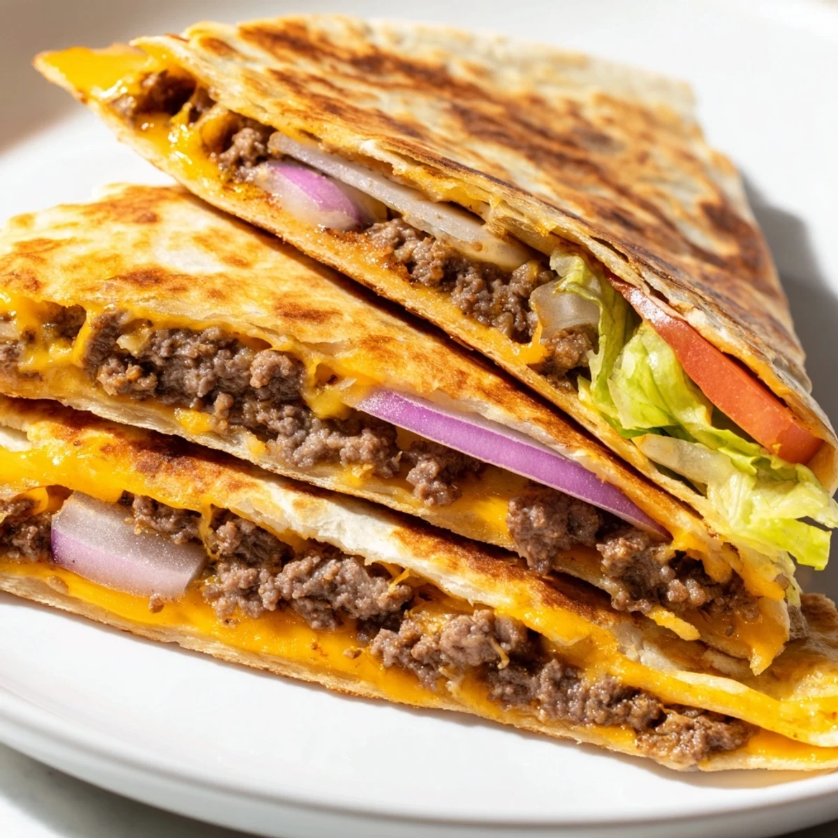 Crispy golden smashburger quesadilla sliced into wedges revealing melted cheddar and juicy seasoned beef