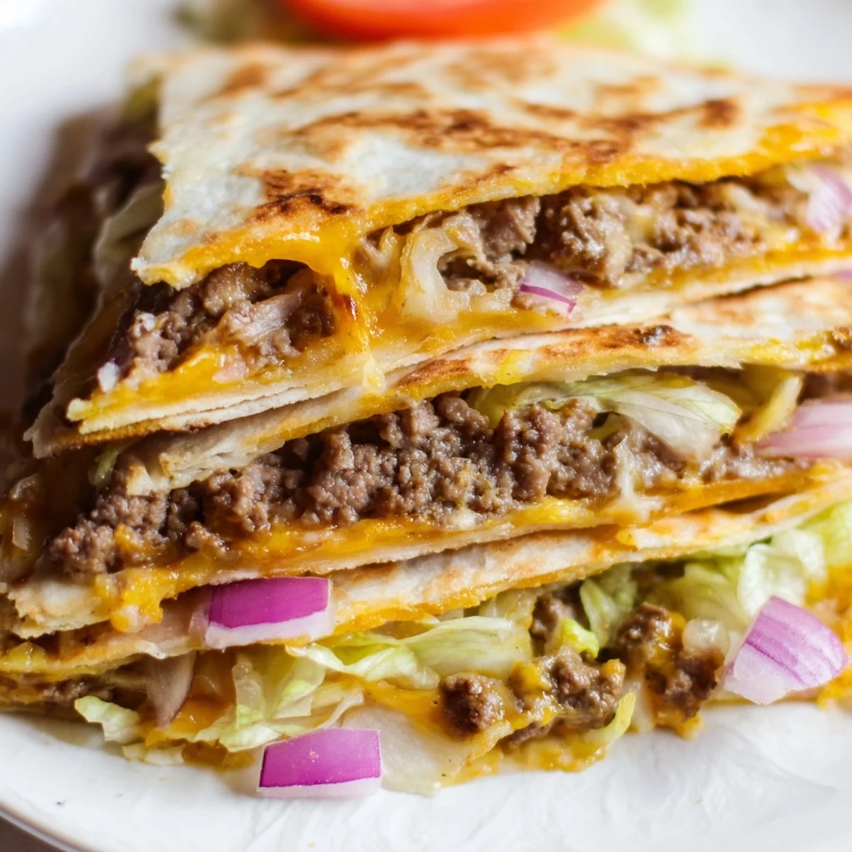 Golden half-moon quesadilla stuffed with juicy smashed beef burger and melted cheddar cheese served on a white plate