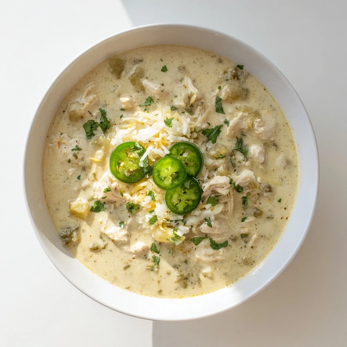 Hearty low-carb white chicken chili garnished with jalapeños and lime wedges
