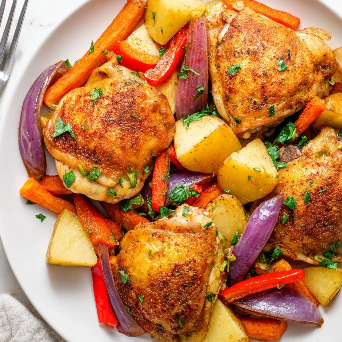 Golden crispy chicken thighs roasted with colorful vegetables on a single baking sheet