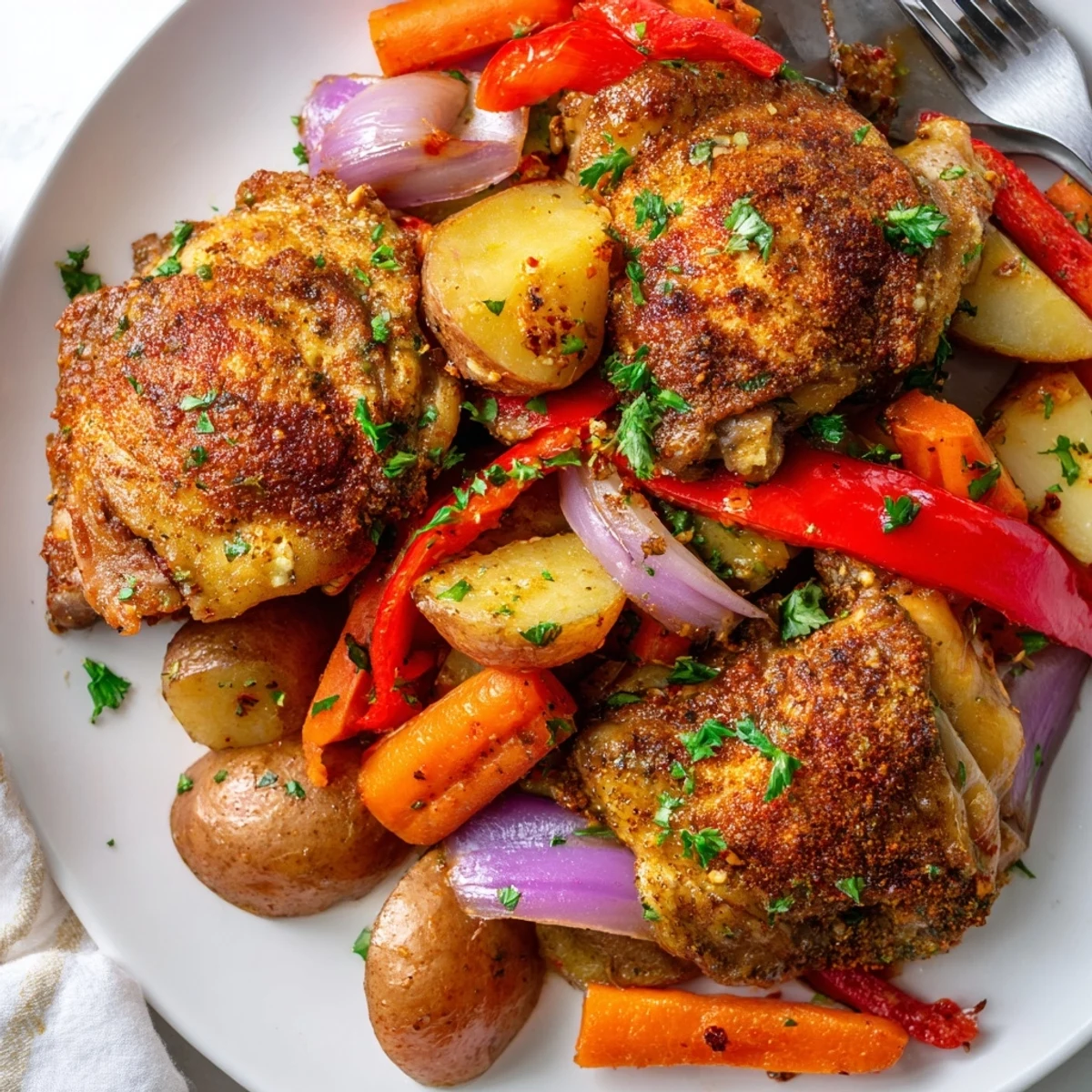 Tender one pan chicken bake with seasoned potatoes, carrots, and bell pepper strips