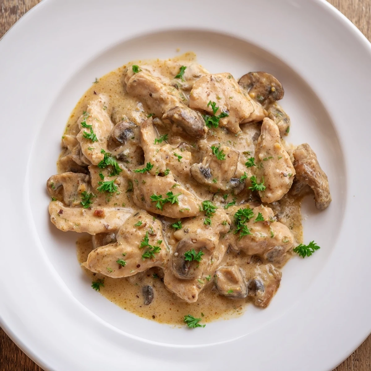 Creamy rich chicken stroganoff served over egg noodles with fresh parsley garnish