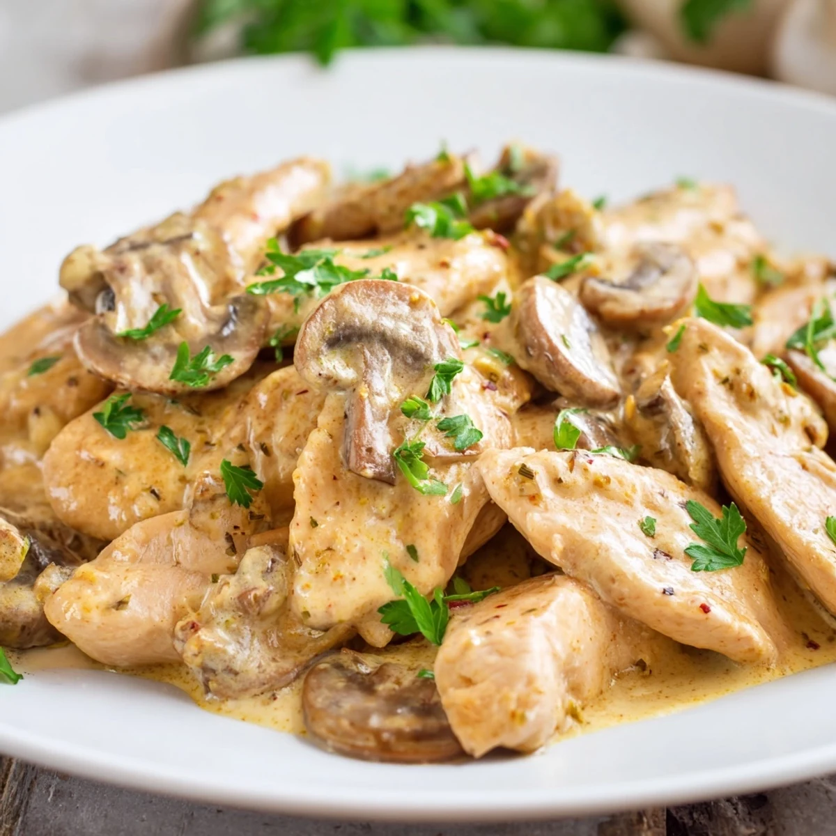 Savory rich chicken stroganoff plated with buttered egg noodles for a comforting dinner
