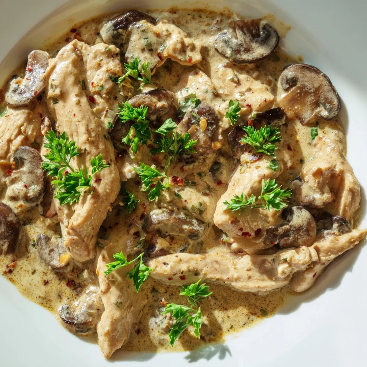 Golden brown chicken pieces simmered in luxurious sour cream mushroom sauce