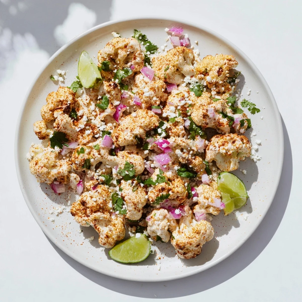 Mexican street corn cauliflower sprinkled with chili powder fresh cilantro and white cheese