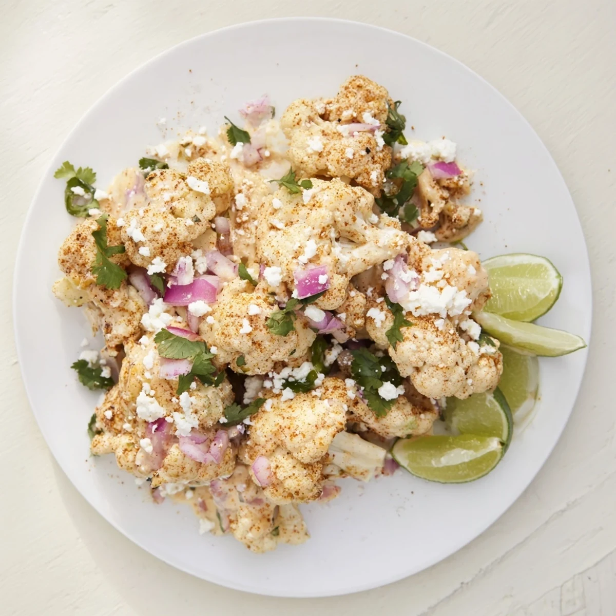 Golden roasted cauliflower elote coated in creamy lime mayonnaise and crumbled cotija cheese