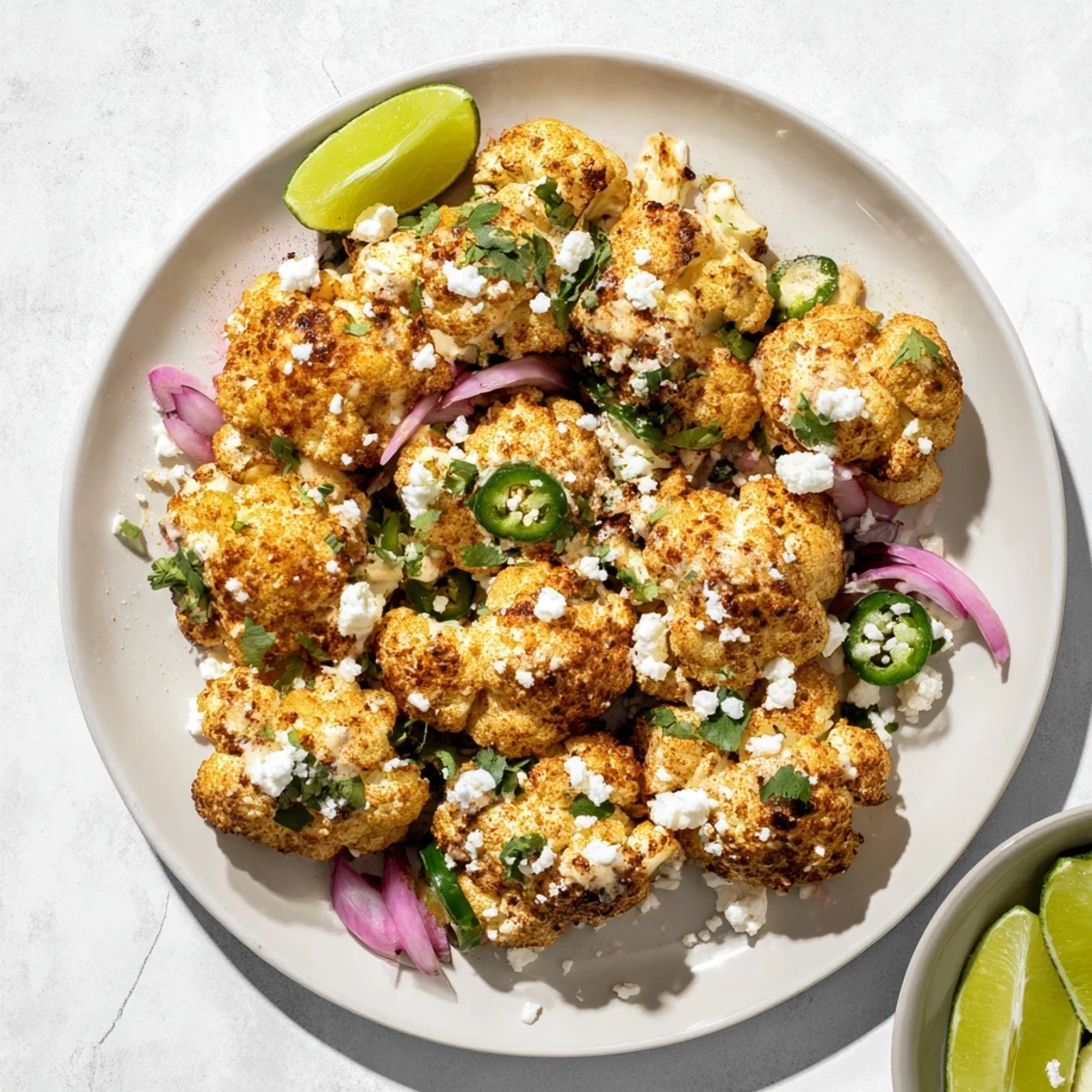 Colorful vegetarian cauliflower elote bowl topped with red onion jalapeño and lime wedges