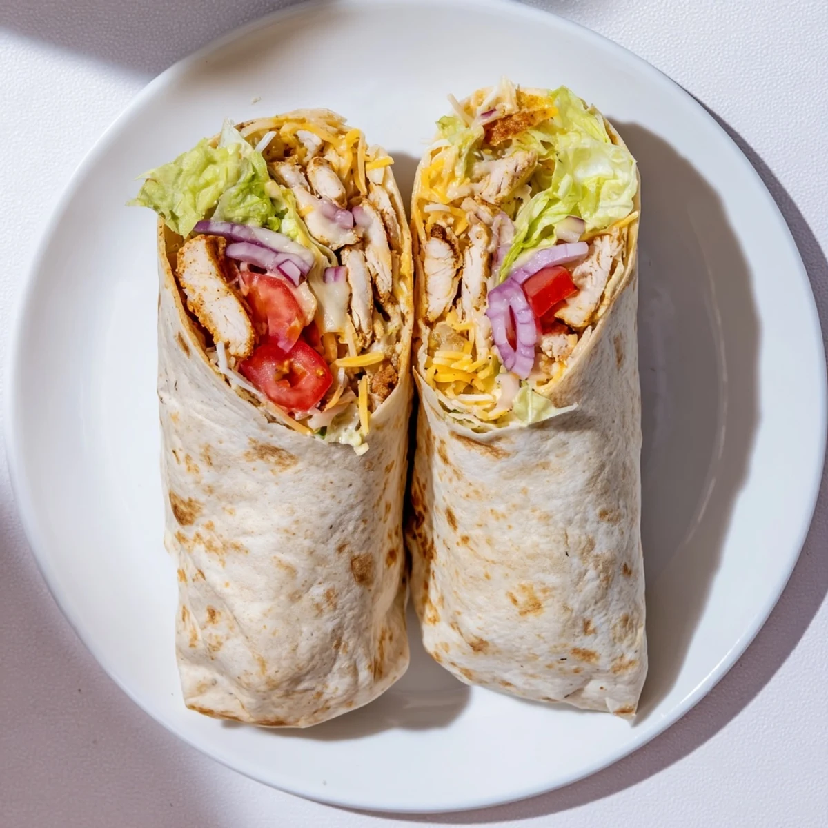 Hand-held chicken wrap stuffed with melted cheese blend lettuce tomato and savory garlic mayo