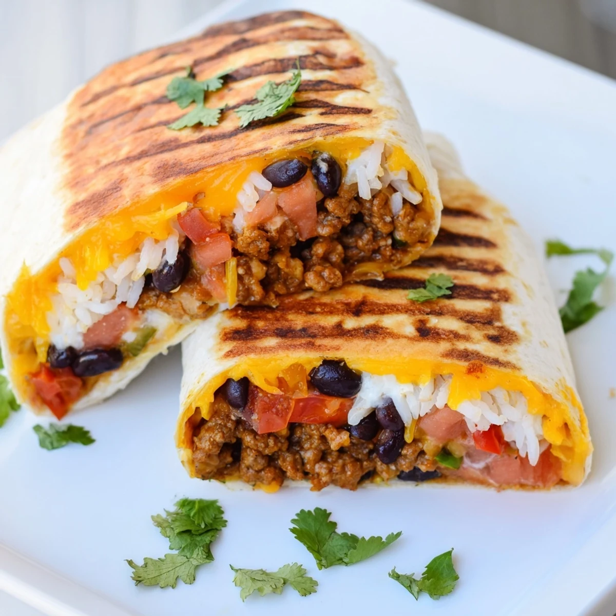 Golden grilled cheese burrito sliced open revealing melty cheddar and seasoned beef filling