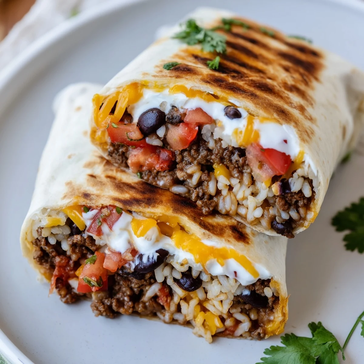 Crispy tortilla-wrapped grilled cheese burrito oozing with Monterey Jack and spicy ground beef