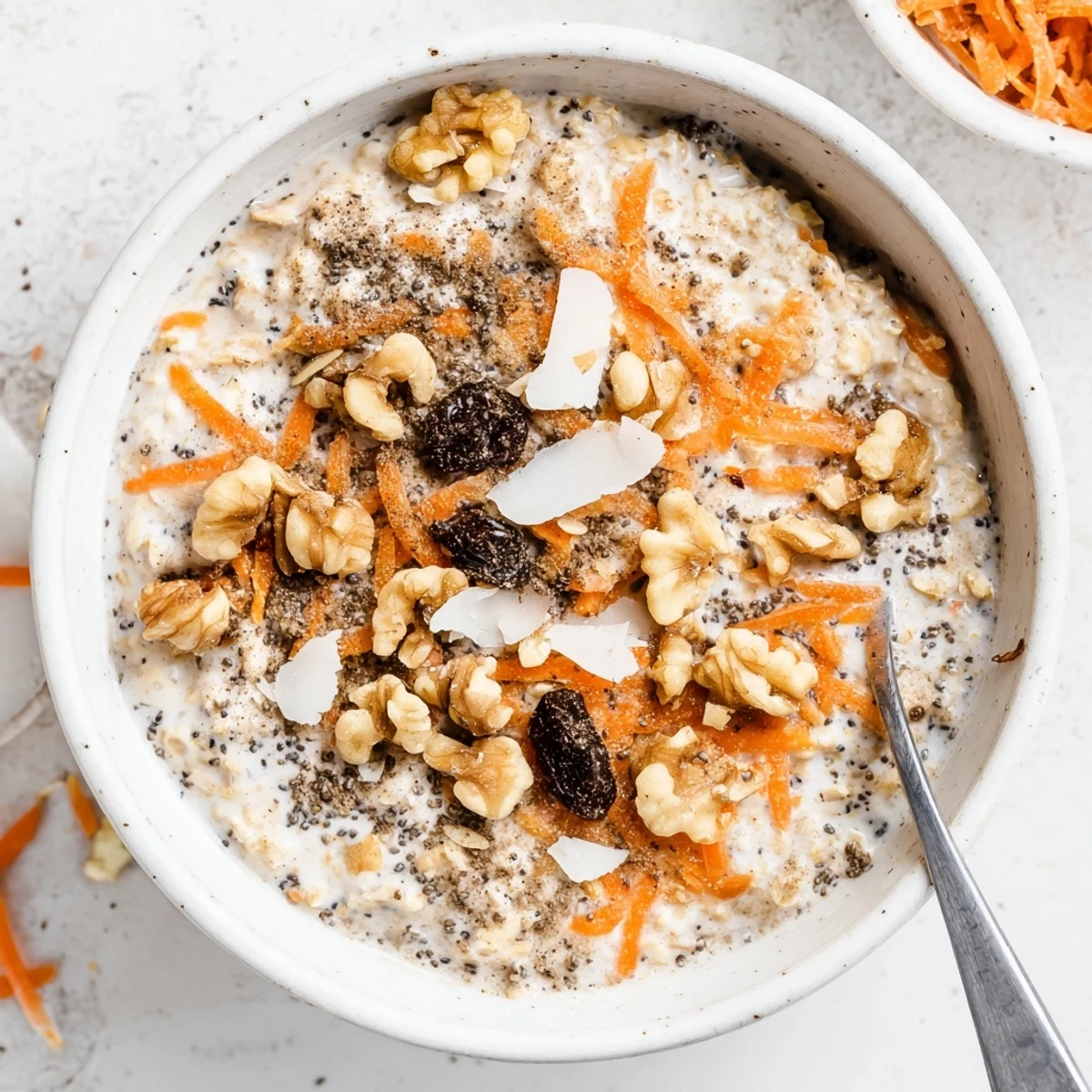 Wholesome breakfast jar layered with spiced oats, grated carrots, and crunchy pecans for a healthy morning meal