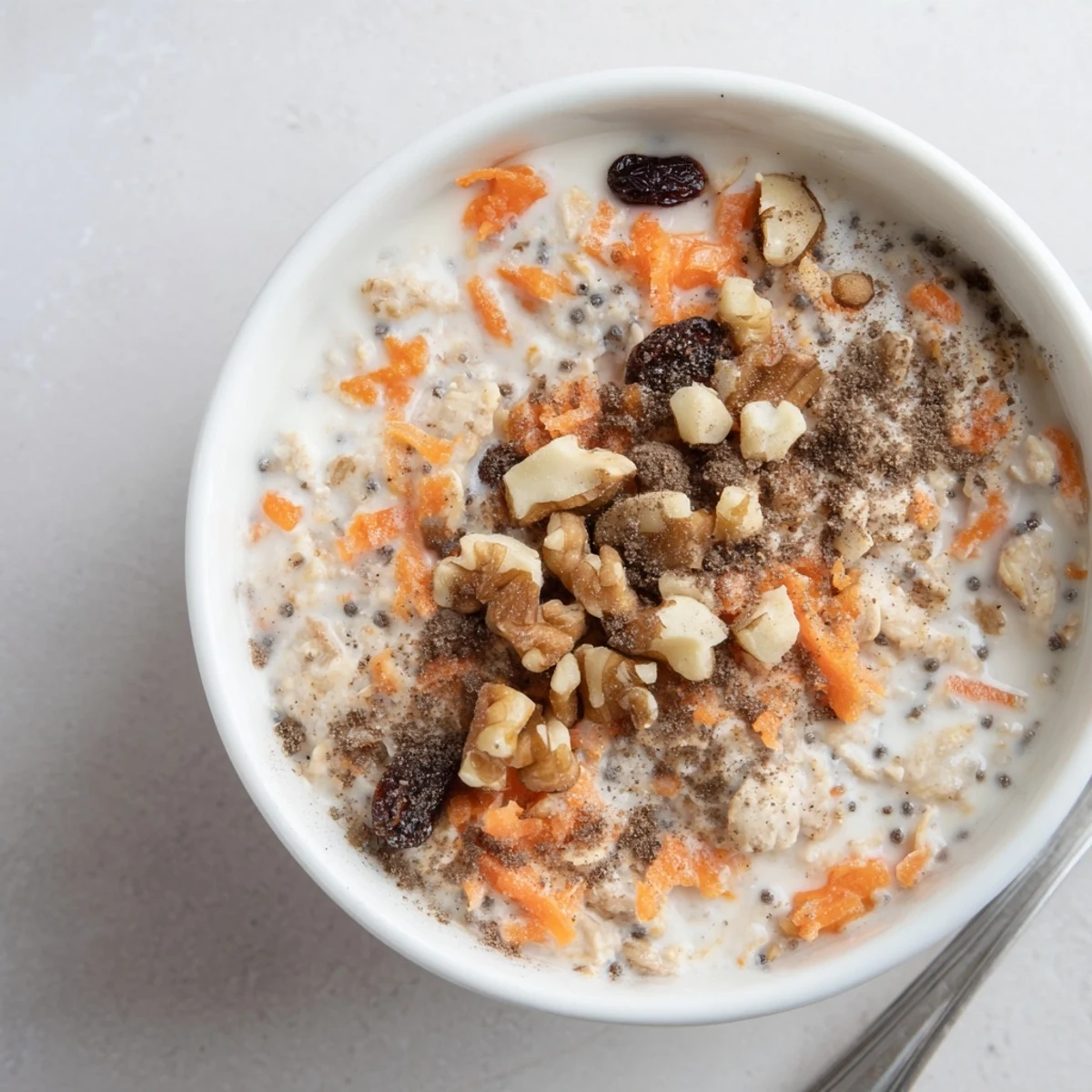 Golden overnight oatmeal with shredded carrots, cinnamon spice, and sweet maple syrup drizzled over a textured topping