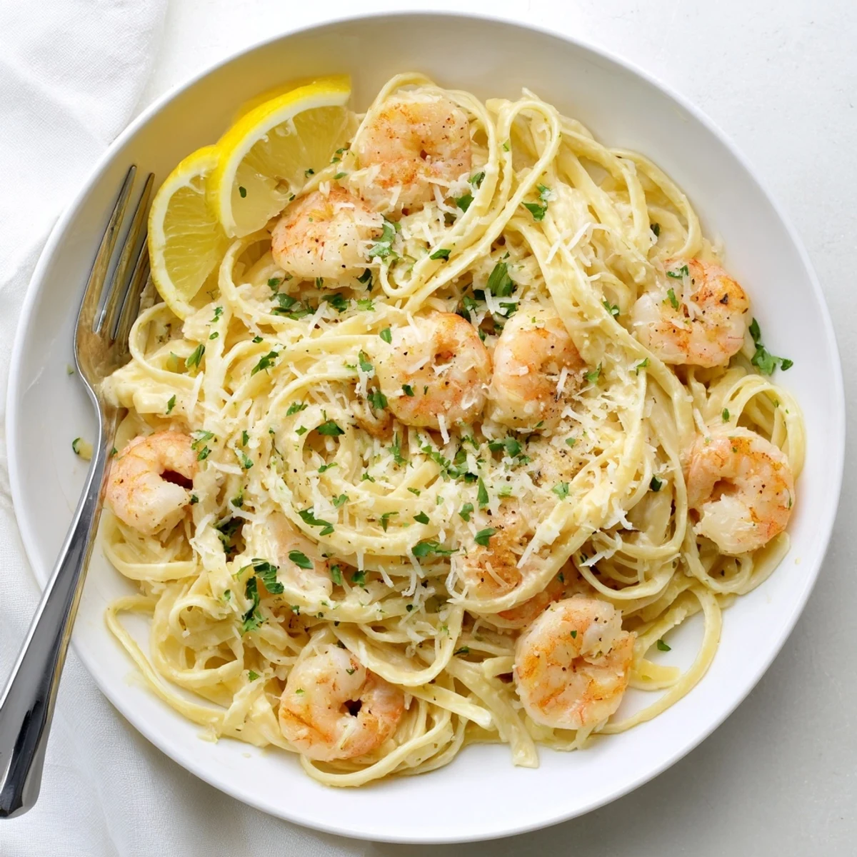 Plated shrimp scampi garlic cream pasta garnished with fresh parsley and lemon wedges
